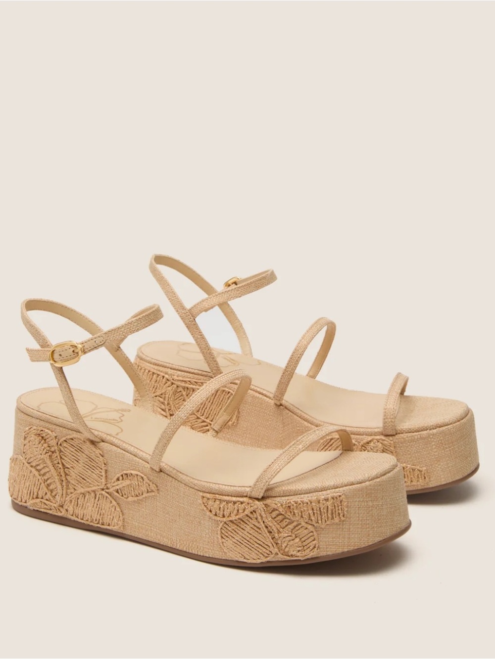 Larroude Beige Raffia with Hibiscus Embroidery Gio Platform Sandals